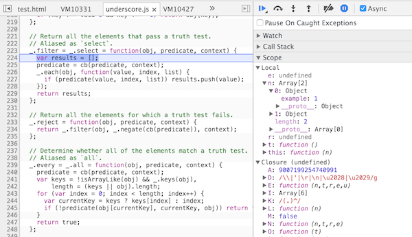 Source maps show original Underscore.js code, but scopes show minified variable names.)