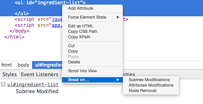 Adding DOM breakpoints